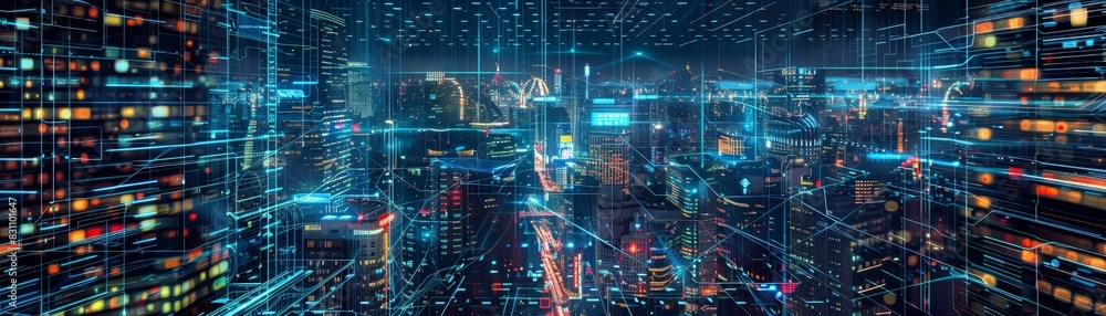 Futuristic cityscape with digital overlay showing interconnected networks and advanced technology in an urban environment at night. Futuristic cityscape with digital overlay showing interconnected networks and advanced technology in an urban environment at night.