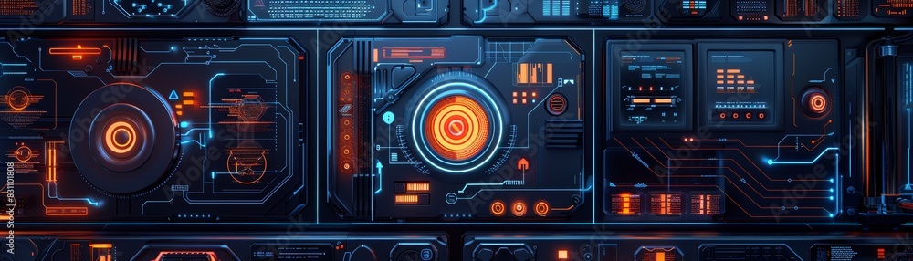 Futuristic control panel with advanced technology, glowing interfaces, and high-tech design elements in a dark, sci-fi setting.