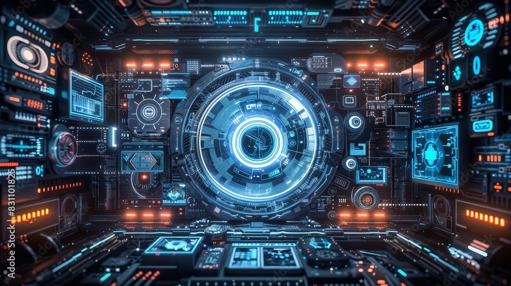 Futuristic control room with advanced technology, holographic displays, and digital interfaces, embodying the essence of sci-fi innovation. Futuristic control room with advanced technology, holographic displays, and digital interfaces, embodying the essence of sci-fi innovation.