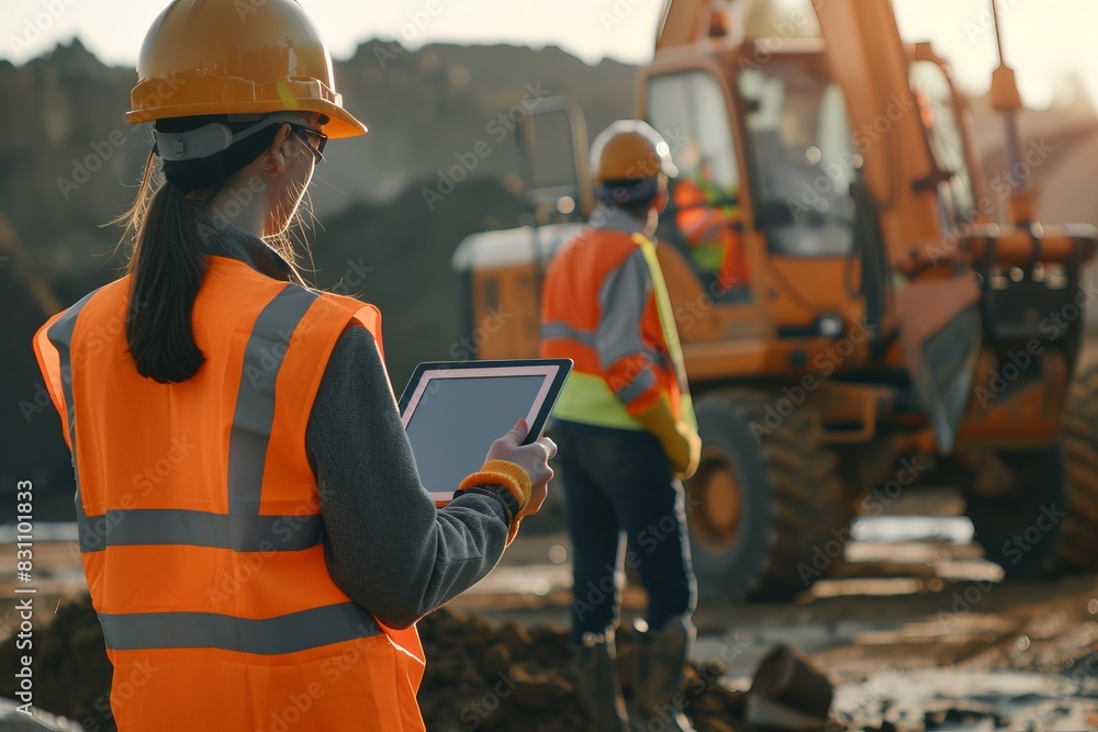 © GenBy - Construction workers wearing safety gear using technology on a work site with heavy machinery in the background. © GenBy - Construction workers wearing safety gear using technology on a work site with heavy machinery in the background.