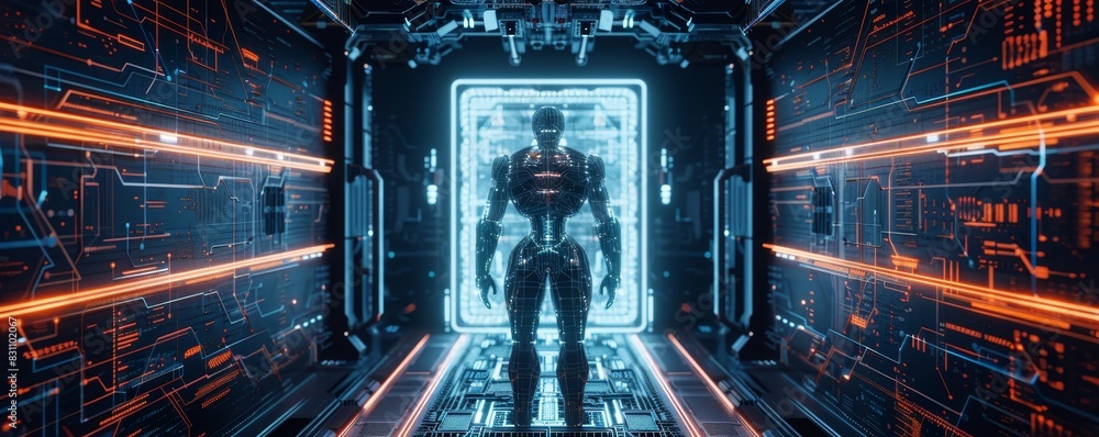 Futuristic cyborg standing in a high-tech hallway with glowing lights and advanced technology, representing the concept of artificial intelligence.