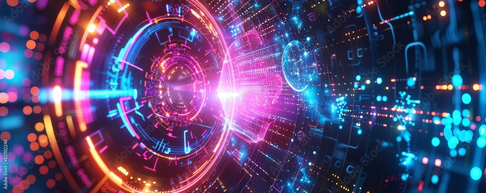 Obraz premium Futuristic digital abstract technology background with glowing neon circles and lines, representing data and communication in cyberspace.
