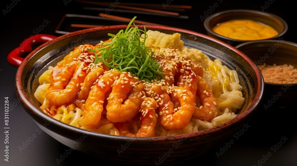 Delicious Asian shrimp noodle bowl garnished with sesame seeds and green onions, accompanied by dipping sauces, perfect for a gourmet meal.