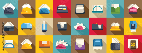 Napkin holder icons set vector. A collection of various items such as napkins, tissues, and paper towels. The image is a colorful and vibrant display of different shapes and sizes