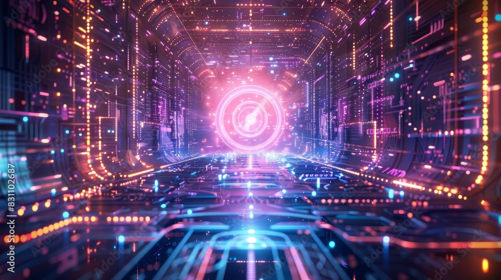 Fototapeta premium Futuristic digital corridor with glowing lights and neon colors, representing high-tech and cyberpunk aesthetics in a virtual environment.