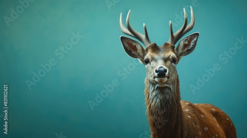 Portrait of young deer on a green solid pastel background with copy space. Wildlife concept