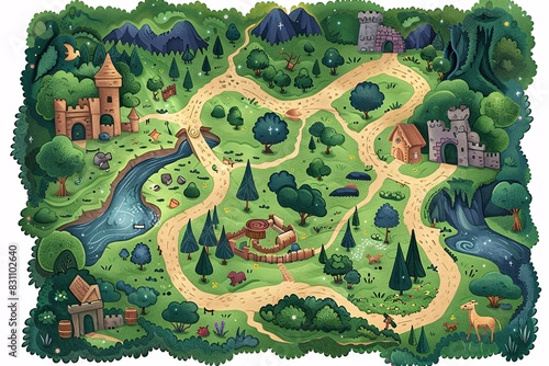 A whimsical cartoon treasure map featuring a mystical forest, a dragon's lair, a sparkling river, and ancient ruins, with a curvy trail leading to an X, and playful illustrations of animals, magical