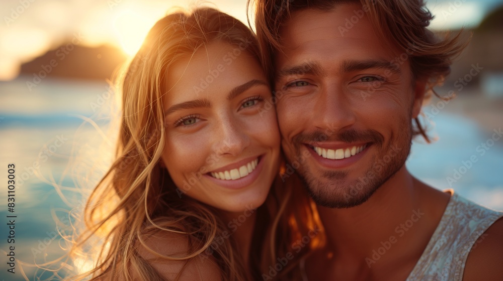 Close up of a smiling beautiful young couple embracing while standing at the beach Close up of a smiling beautiful young couple embracing while standing at the beach