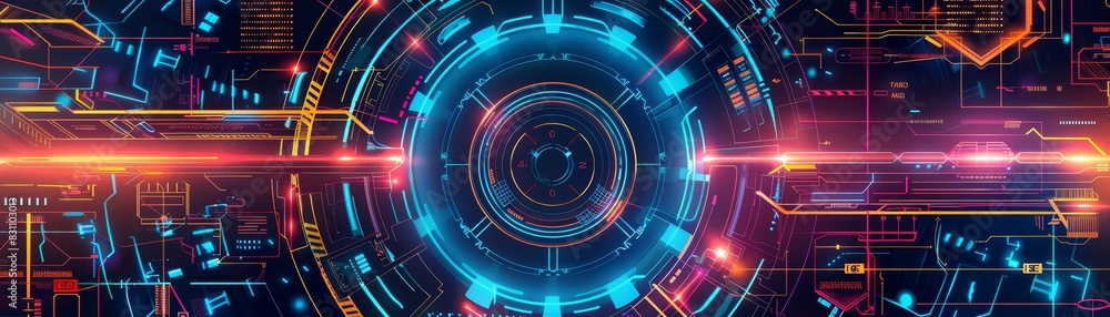 Futuristic digital interface with vibrant colors and geometric patterns, featuring a circular core and neon details, ideal for technology themes. Futuristic digital interface with vibrant colors and geometric patterns, featuring a circular core and neon details, ideal for technology themes.