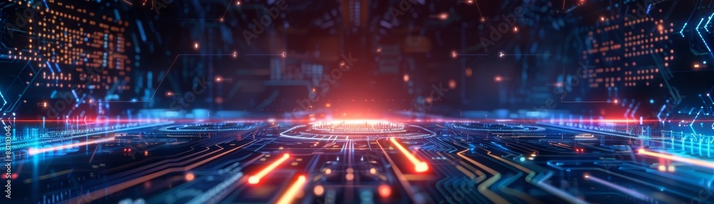Futuristic digital landscape with glowing circuit board elements, neon lights, and data streams, representing advanced technology and innovation. Futuristic digital landscape with glowing circuit board elements, neon lights, and data streams, representing advanced technology and innovation.