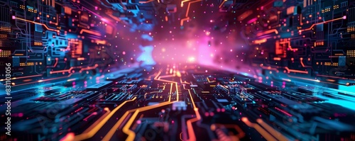 Futuristic digital landscape with vibrant neon colors, depicting a complex network of circuitry and data flow in a tech-inspired environment.