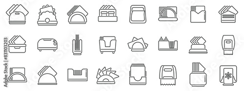 Napkin holder icons set vector. A collection of office supplies and stationery items. The items include a toaster, a desk, a chair, a keyboard, a mouse, a computer, a printer, a scanner, a book, a pen