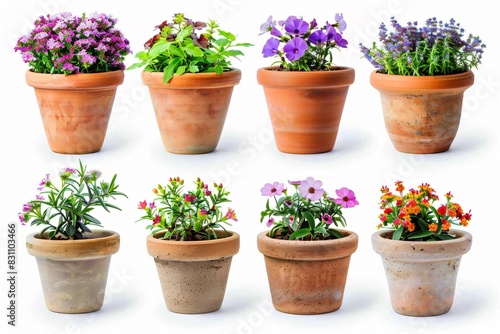 Various flowers in pottery on white backdrop