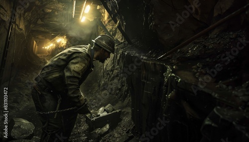 A miner wearing a hard hat and coveralls is working in a mine. photo