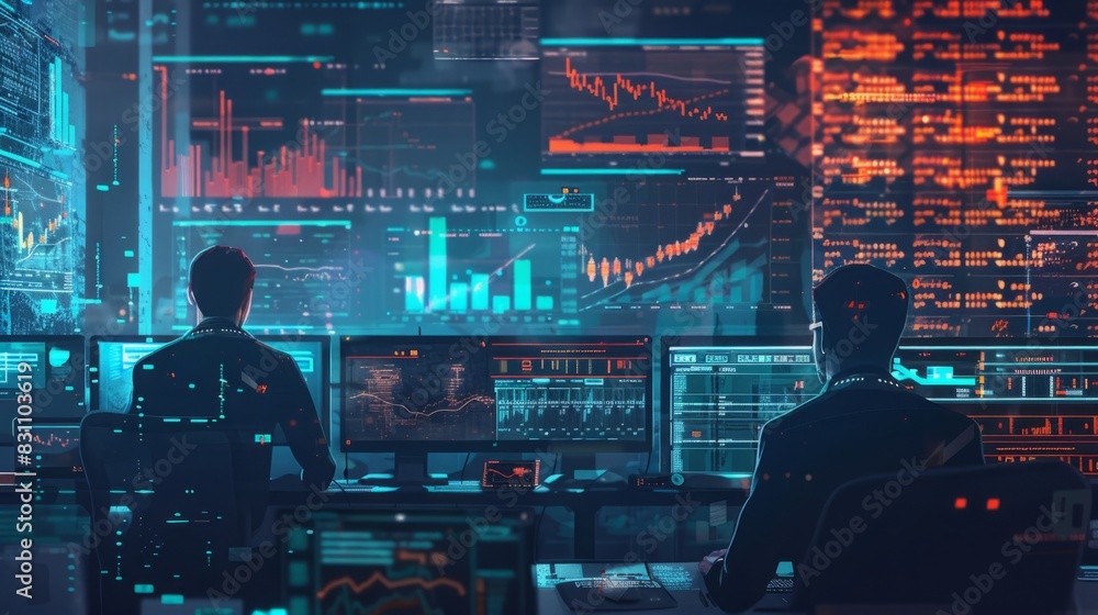 Two individuals are seated at a desk, both looking at computer screens intently. Two individuals are seated at a desk, both looking at computer screens intently.