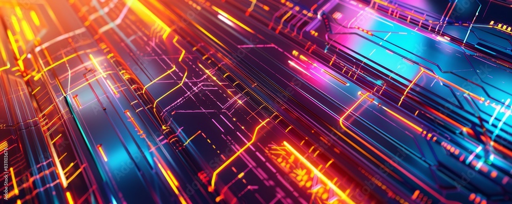 Futuristic neon circuit board with glowing lines and digital connections, perfect for technology and innovation concepts. Futuristic neon circuit board with glowing lines and digital connections, perfect for technology and innovation concepts.