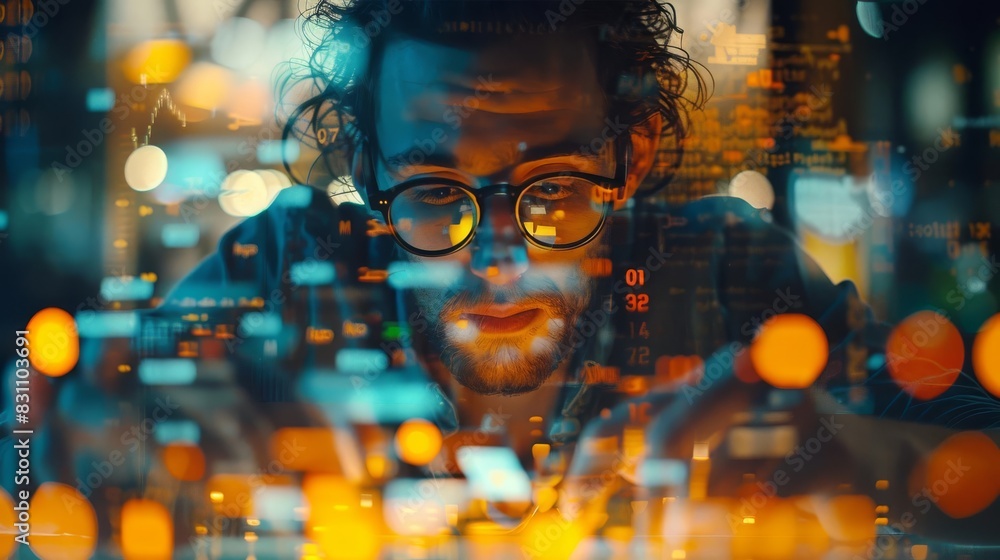 A marketing manager analyzing campaign data, close up, performance metrics theme, realistic, double exposure, office desk backdrop A marketing manager analyzing campaign data, close up, performance metrics theme, realistic, double exposure, office desk backdrop