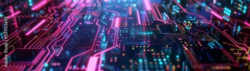 Futuristic neon circuit board with glowing lights, representing advanced technology and modern electronics. Perfect for tech-themed designs.