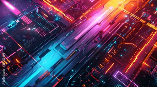 Futuristic neon circuit board with vibrant colors and glowing lights, showcasing a modern technology design in an abstract digital environment.