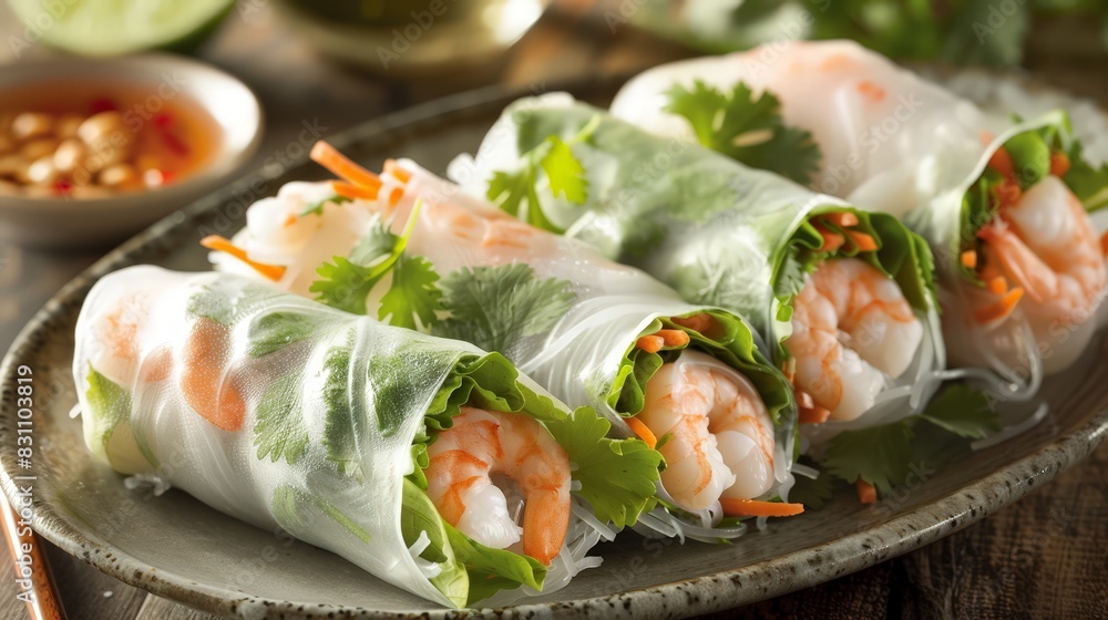 Delight in the crisp, refreshing taste of a Vietnamese spring roll, filled with fresh herbs, vegetables, and shrimp or pork, served with a tangy dipping sauce. Delight in the crisp, refreshing taste of a Vietnamese spring roll, filled with fresh herbs, vegetables, and shrimp or pork, served with a tangy dipping sauce.