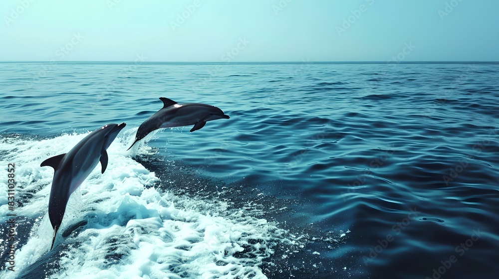 Fototapeta premium Two dolphins jumping out of the water in the ocean. They are playful. Beautiful sea view with clear blue water. Perfect image for nature and wildlife theme. AI