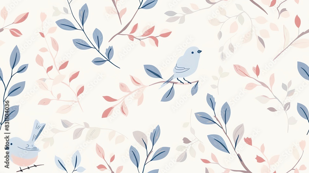 Seamless pattern of hand-drawn pastel-colored leaves and branches with small birds, creating a soft and whimsical design
