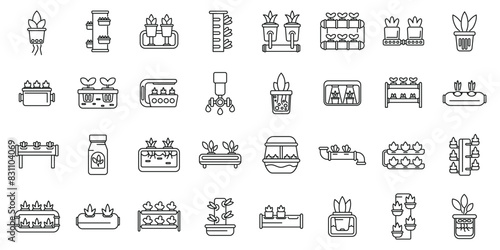 Hydroponics icons set vector. A collection of plant-related icons, including a watering can, a potted plant, and a greenhouse