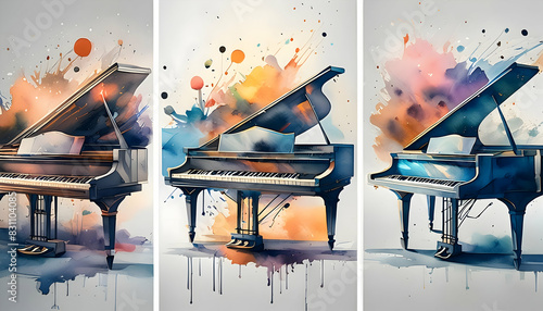 Collection colorful piano keyboard in the foreground on Watercolor painting background. photo
