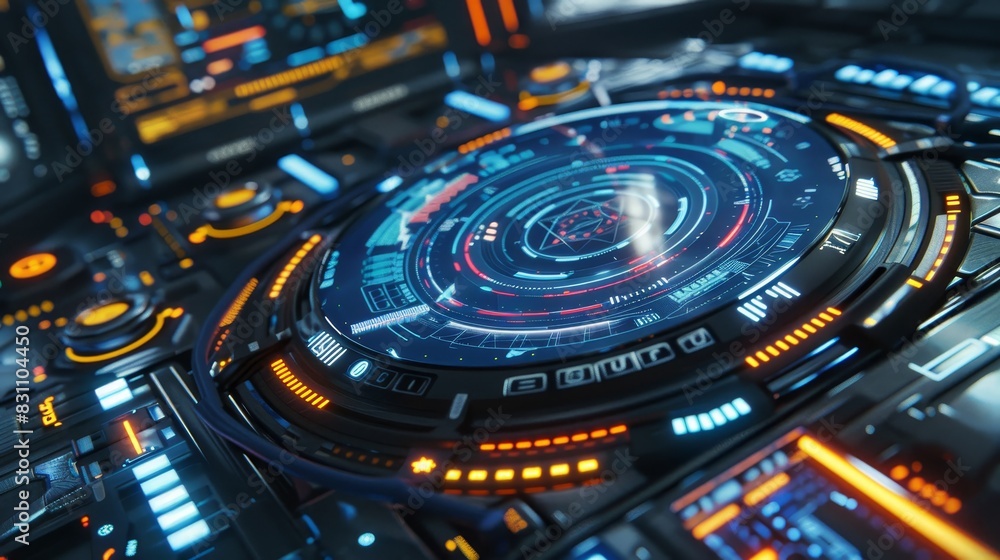 High-tech futuristic user interface dashboard with vibrant holographic display and digital control elements for advanced technology design. High-tech futuristic user interface dashboard with vibrant holographic display and digital control elements for advanced technology design.