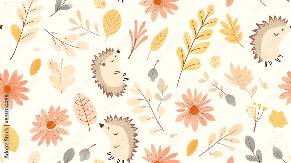 Seamless pattern of hand-drawn pastel leaves, floral branches, and cute hedgehogs, perfect for a gentle and artistic botanical theme Seamless pattern of hand-drawn pastel leaves, floral branches, and cute hedgehogs, perfect for a gentle and artistic botanical theme