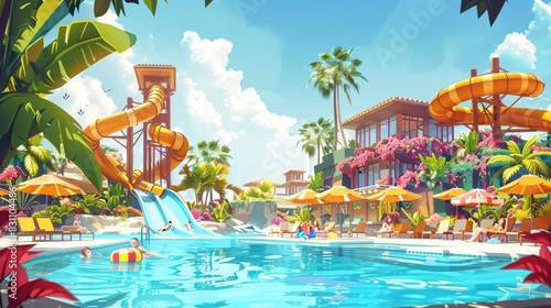 A lively cartoon banner for a hotel advertisement, showcasing a family enjoying the hotel's pool and water slide, with bright, sunny skies, and playful characters relaxing on lounge chairs,