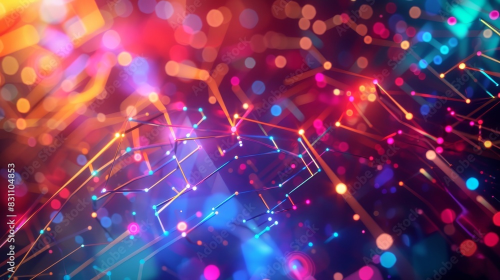 Vibrant abstract digital network background with colorful lights and glowing lines, ideal for technology and innovation concepts.