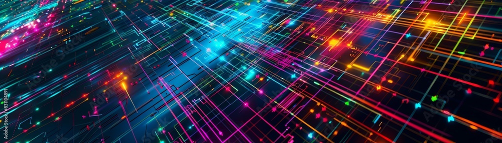 Vibrant abstract lines and lights creating a dynamic, futuristic digital landscape with colorful beams and glowing elements. Vibrant abstract lines and lights creating a dynamic, futuristic digital landscape with colorful beams and glowing elements.
