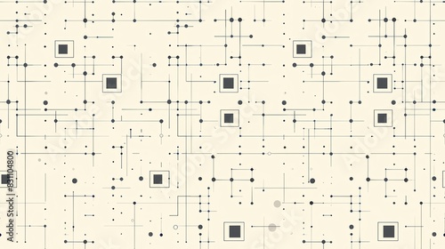 Seamless pattern of minimalistic geometric squares and dots, creating a clean and orderly repeating pattern