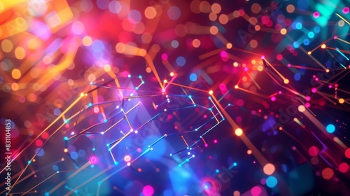 Vibrant abstract digital network background with colorful lights and glowing lines, ideal for technology and innovation concepts.