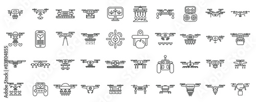 Drones in agriculture icons set vector. A collection of various types of drones and other flying devices. Some of the drones are small and others are large