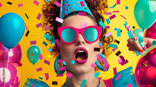 Woman Wearing Party Hat and Sunglasses