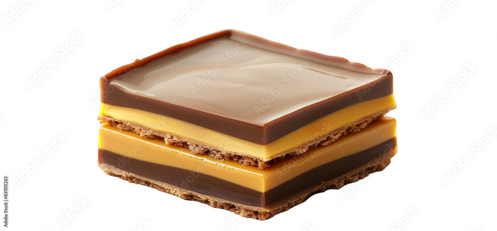 Close-up of a delicious layered chocolate dessert with caramel and biscuit layers, perfect for gourmet and dessert-themed projects. Close-up of a delicious layered chocolate dessert with caramel and biscuit layers, perfect for gourmet and dessert-themed projects.