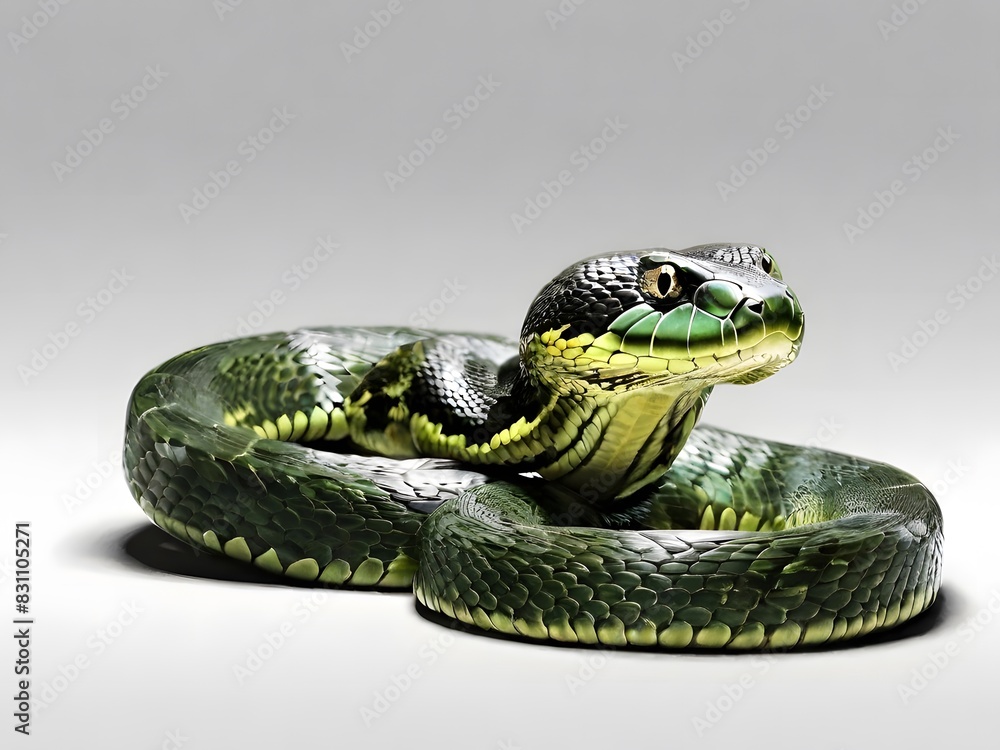 Fototapeta premium A Green Anaconda snake on a white background. AI generated image