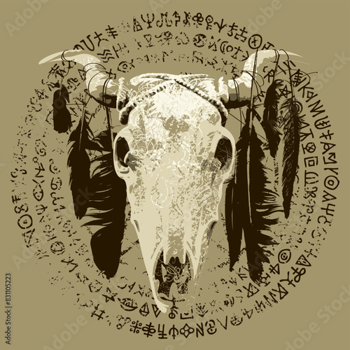 Vector illustration with a horned cow or bull skull with crow feathers, pentagram, occult and witchcraft signs. The symbol of Satanism Baphomet and magic runes written in a circle