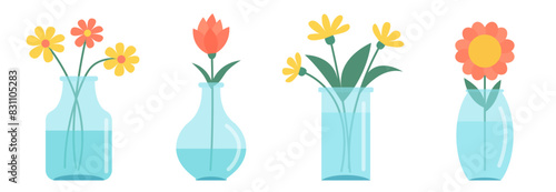 Flower in vase set line. Transparent glass vases with blue water. Different flowers. Cute colorful icon collection. Daisy Tulip Gerbera. Ceramic Pottery decoration. White background Flat design Vector