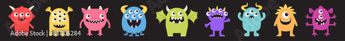 Happy Halloween. Cute monster icon set line. Cartoon kawaii funny baby character. Colorful silhouette. Sticker print. Eyes, horns, fang teeth, wing. Childish style. Flat design Black background Vector