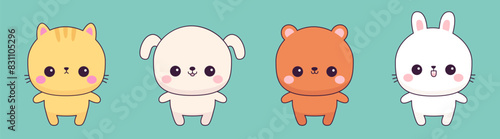 Chibi dog puppy, cat kitten, bunny rabbit, bear icon set. Round face. Cute cartoon kawaii funny baby animal character. Valentines day. Love card. Sticker print. Flat design. Blue background. Vector