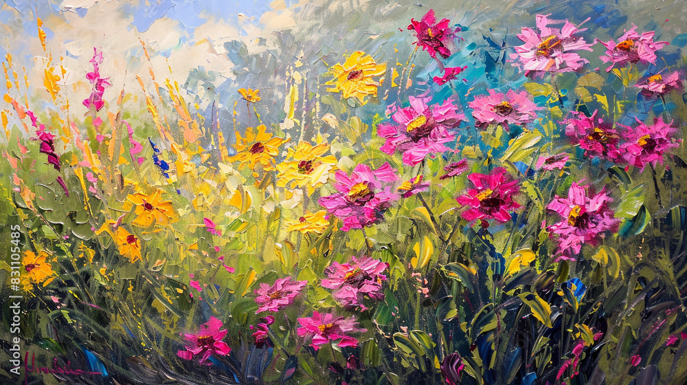 A vibrant field of pink and yellow flowers in an impressionistic oil painting, A vibrant field of pink and yellow flowers in an impressionistic oil painting,