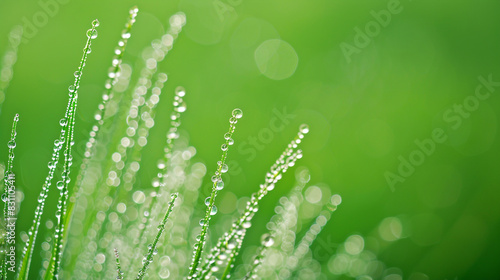 A close-up shot of dew-covered grass blades against a solid green background, their delicate droplets sparkling in the morning sunlight, a beautiful and serene natural scene.