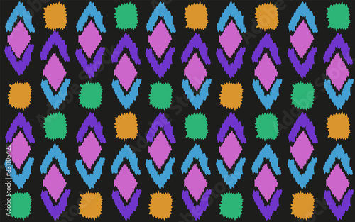 Colorful African style Ikkat seamless pattern design. Colored Folk ornament with trendy Organic Geometrical Shapes. Vector for wall, t-shirt, dress print.