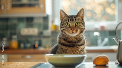Chubby tabby cat sitting on a kitchen counter, eyeing a bowl of food with a mischievous glint. The scene captures the playful and slightly naughty nature of the cat