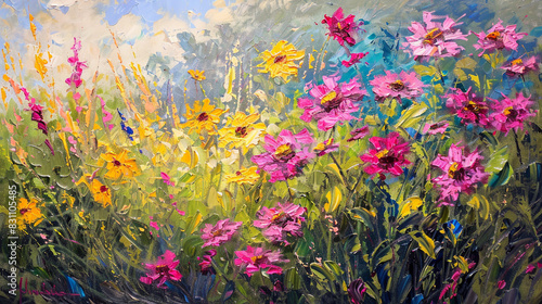 A vibrant field of pink and yellow flowers in an impressionistic oil painting, photo