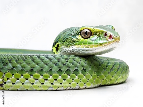 A Green Tree Python snake on a white background. AI generated image
