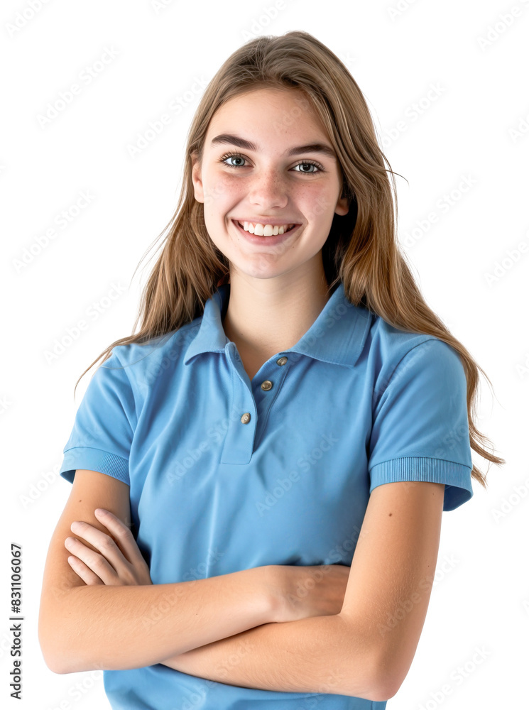Happy Caucasian teenage girl wearing plain light blue polo t-shirt as sales team uniform. Isolated over white transparent background Happy Caucasian teenage girl wearing plain light blue polo t-shirt as sales team uniform. Isolated over white transparent background